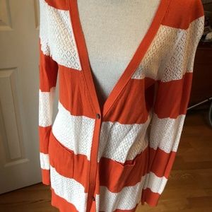 New Anthropologie Cardigan Sweater Orange White Wool L Large